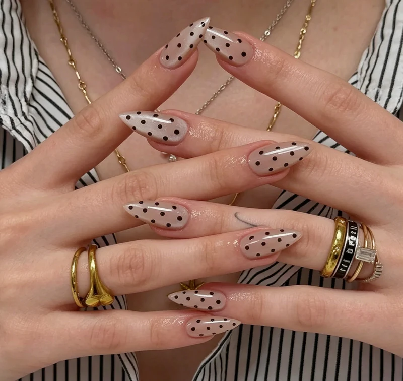 Elegant Polka Dot Almond-Shaped Nail Art Enhancements Stornfield