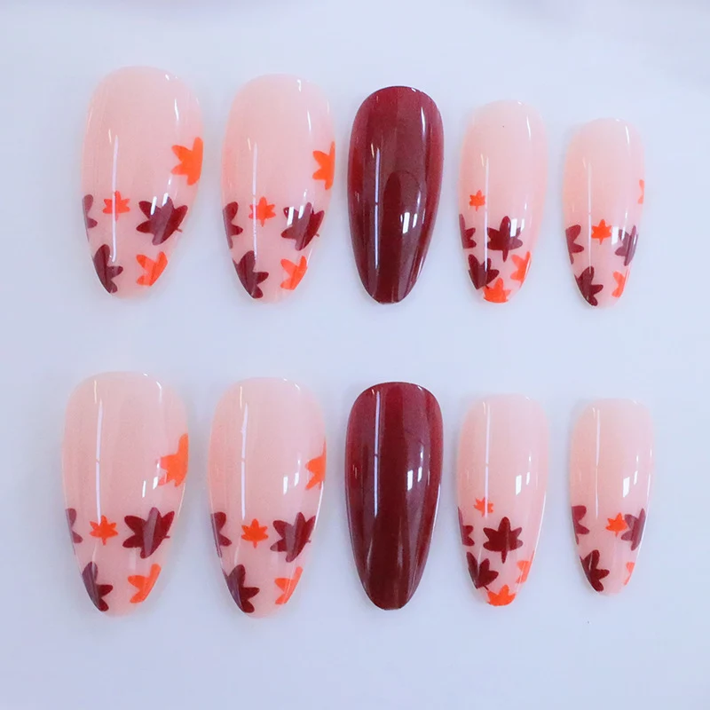 Fall-Inspired Glossy Almond-Shaped Nail Art Enhancements Stornfield