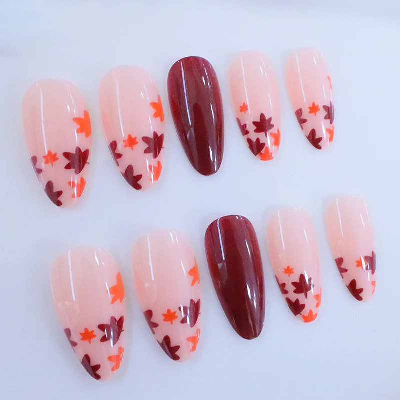 Fall-Inspired Glossy Almond-Shaped Nail Art Enhancements Stornfield