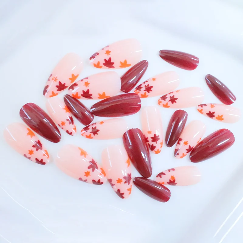 Fall-Inspired Glossy Almond-Shaped Nail Art Enhancements Stornfield