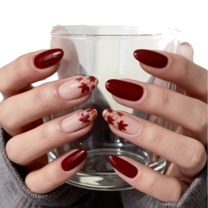 Fall-Inspired Glossy Almond-Shaped Nail Art Enhancements Stornfield