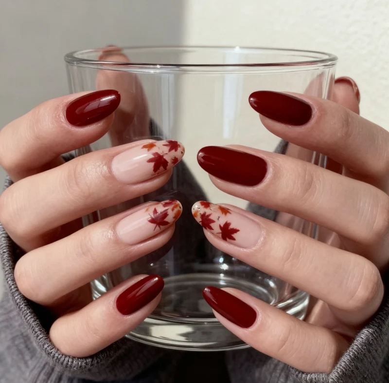 Fall-Inspired Glossy Almond-Shaped Nail Art Enhancements Stornfield
