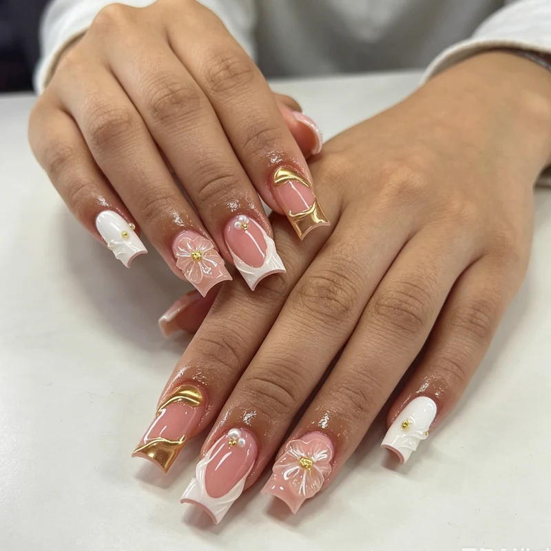Elegant 3D Floral Acrylic Nail Art Extensions Stornfield