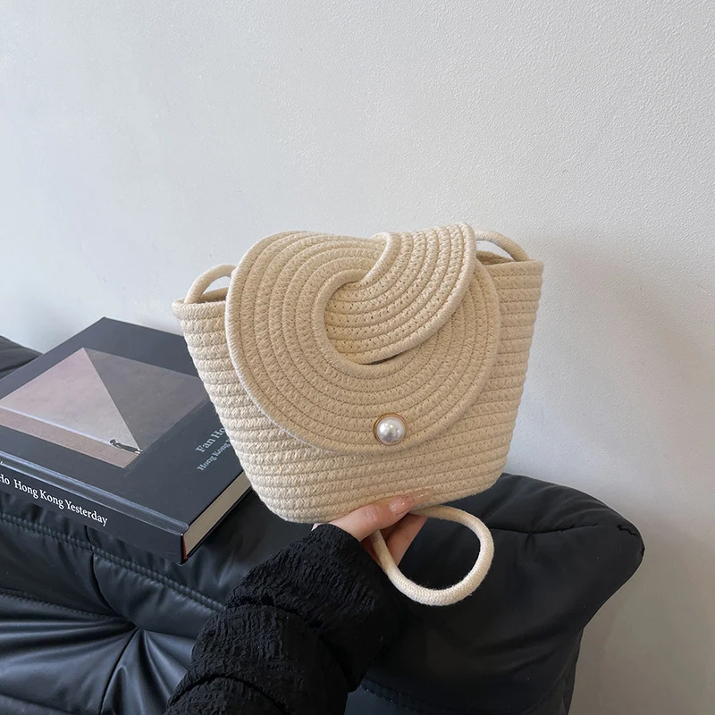 Woven Textured Handbag with Decorative Closure