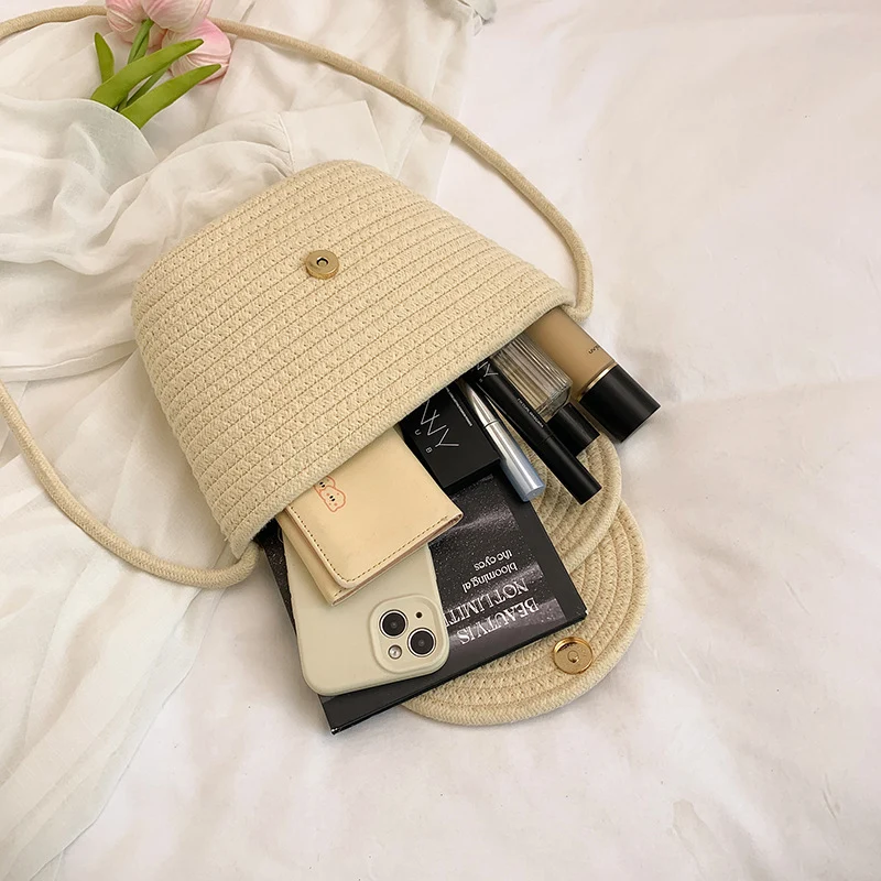 Woven Textured Handbag with Decorative Closure