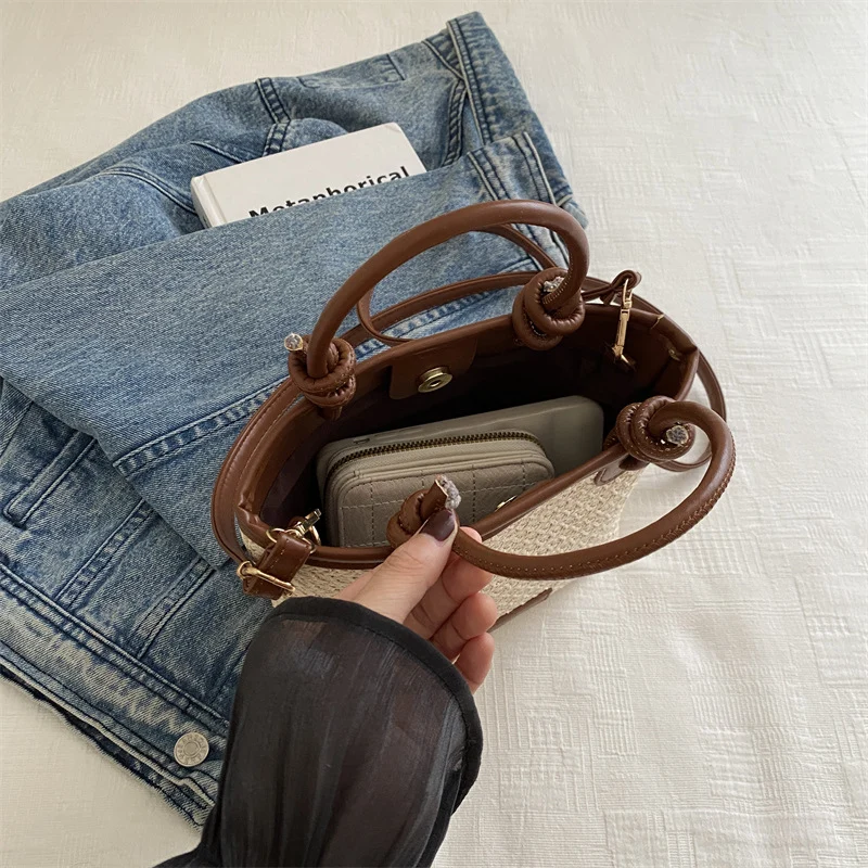 Woven Straw Tote Handbag with Leather Accents