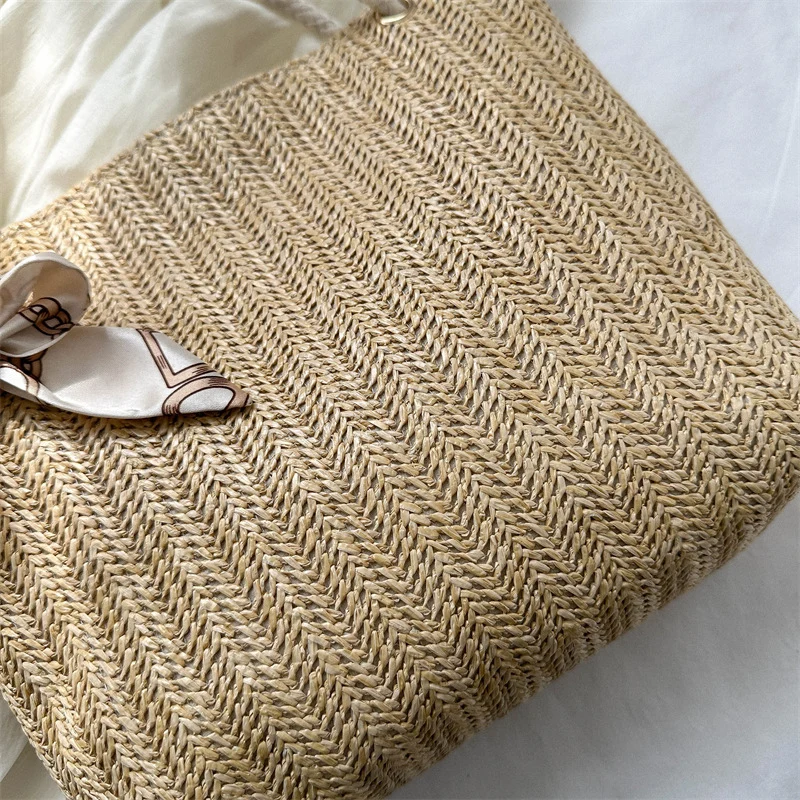 Woven Straw Tote Bag with Decorative Scarf