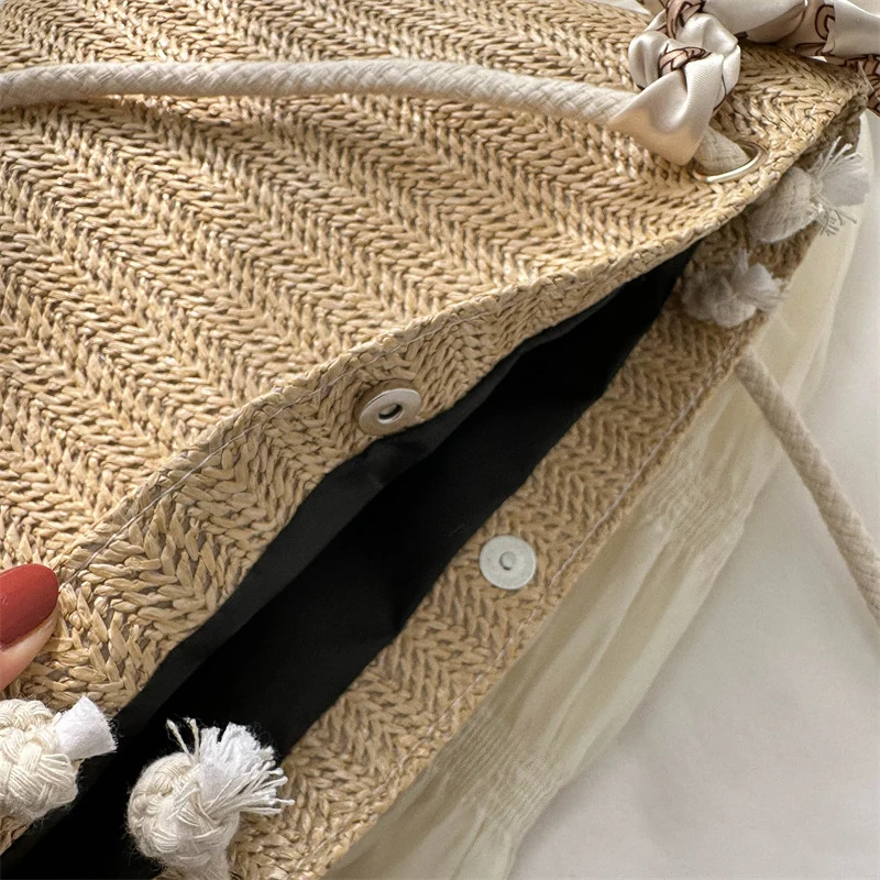 Woven Straw Tote Bag with Decorative Scarf