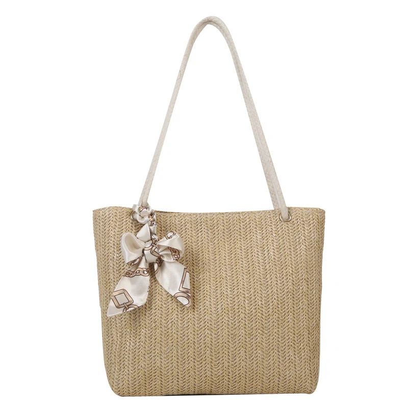 Woven Straw Tote Bag with Decorative Scarf