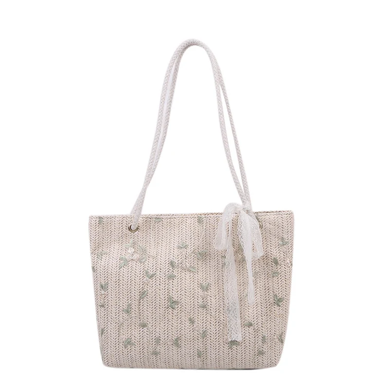 Woven Straw Beach Tote Bag with Decorative Ribbon