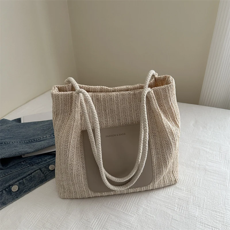 Textured Knit Tote Bag with Leather Accent