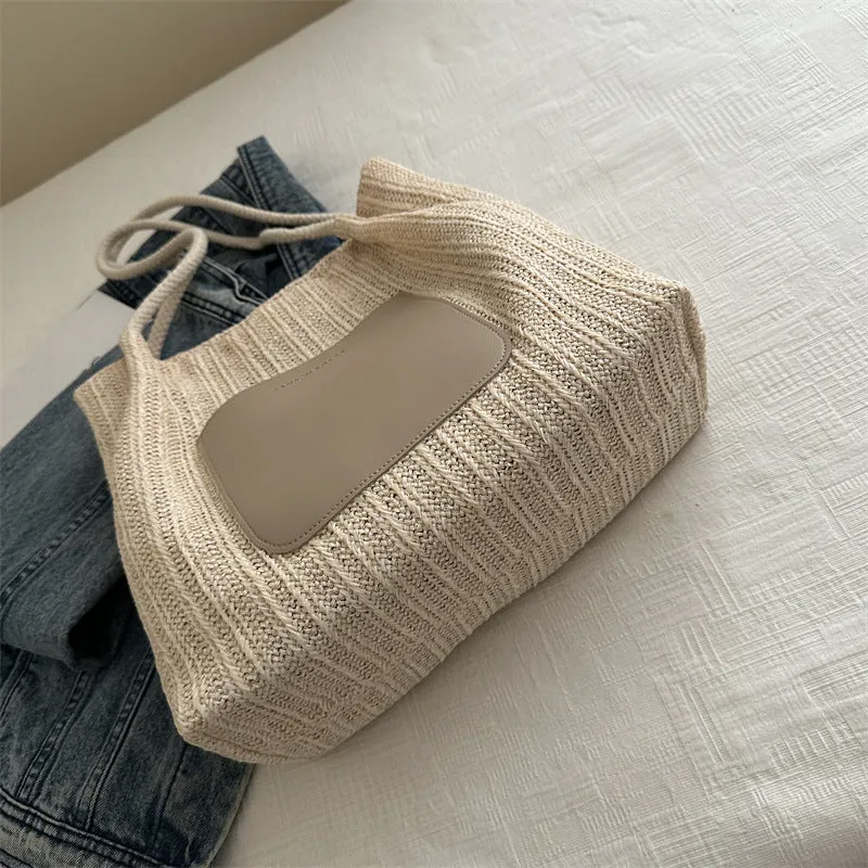 Textured Knit Tote Bag with Leather Accent