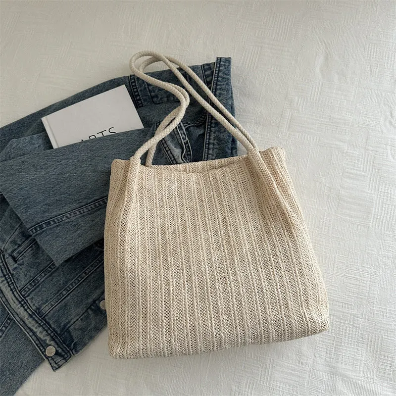Textured Knit Tote Bag with Leather Accent