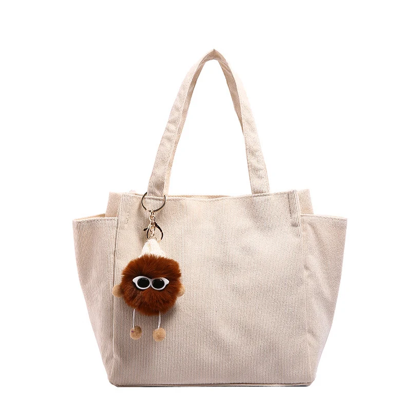 Textured Corduroy Tote Bag with Cute Plush Charm