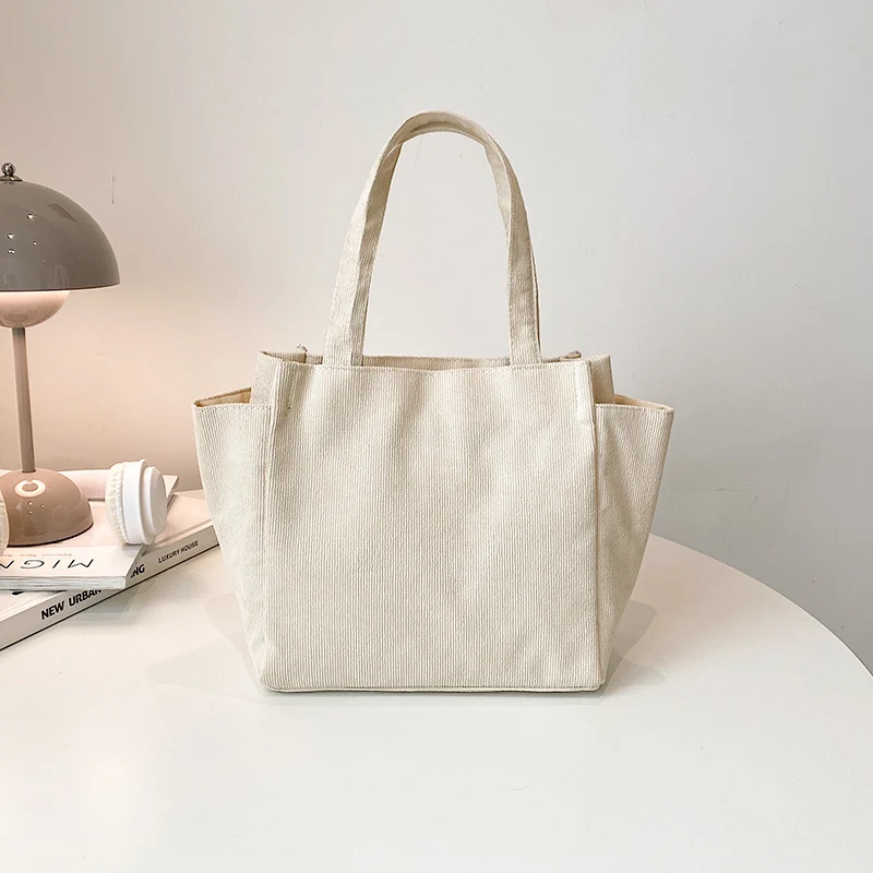 Textured Corduroy Tote Bag with Cute Plush Charm