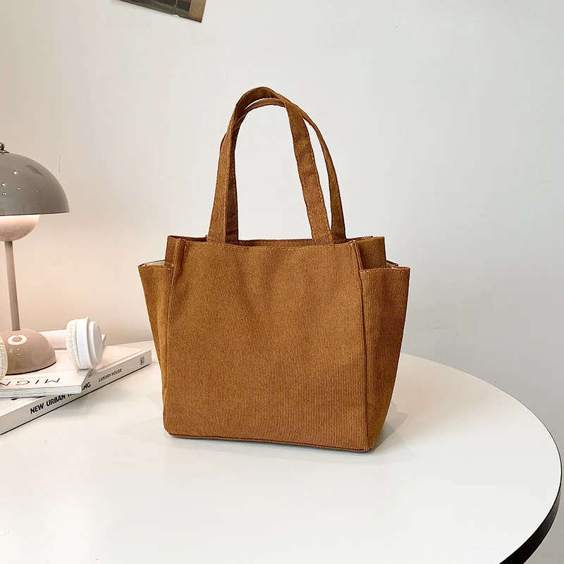 Textured Corduroy Tote Bag with Cute Plush Charm