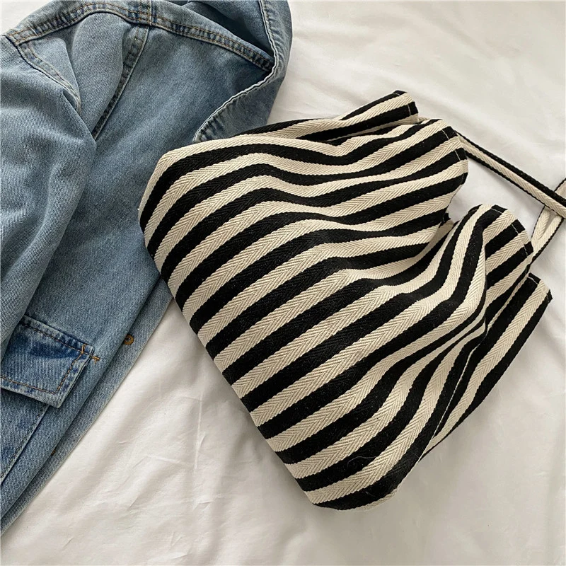Striped Canvas Shoulder Tote Bag