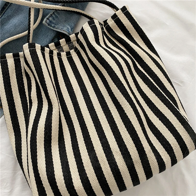 Striped Canvas Shoulder Tote Bag