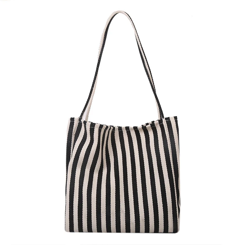 Striped Canvas Shoulder Tote Bag