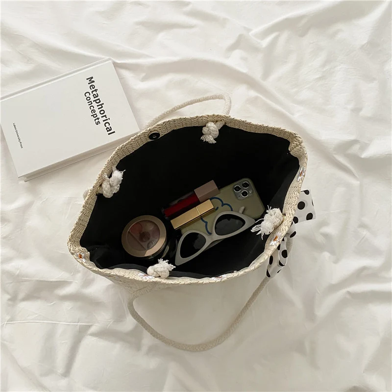 Straw Beach Tote Bag with Decorative Scarf