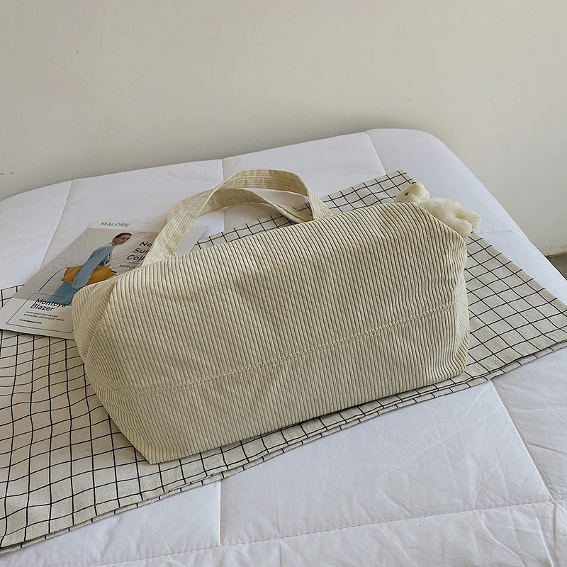 Functional Corduroy Tote Bag with Plush Charm