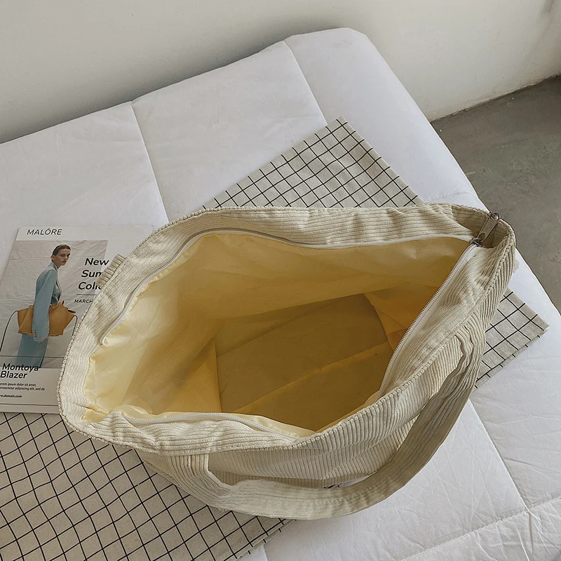 Functional Corduroy Tote Bag with Plush Charm
