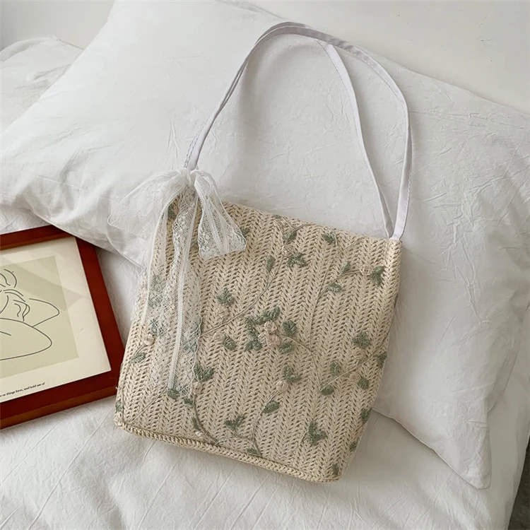 Embroidered Straw Tote Bag