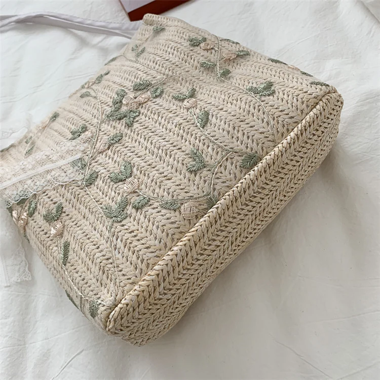 Embroidered Straw Tote Bag