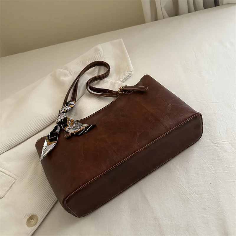 Elegant Faux Leather Tote Handbag with Scarf Detail