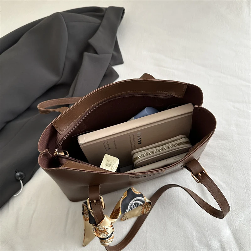 Elegant Faux Leather Tote Bag with Scarf Detail