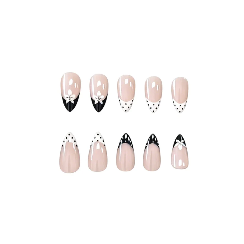 Elegant Black and White Floral Nail Art Extensions Stornfield