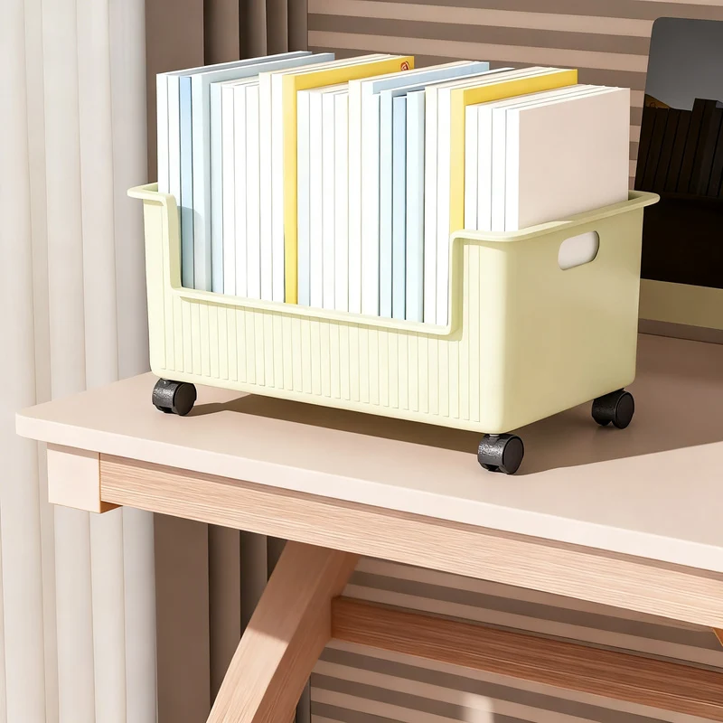 Rollbarer Bücherkasten für Schreibtisch und Boden