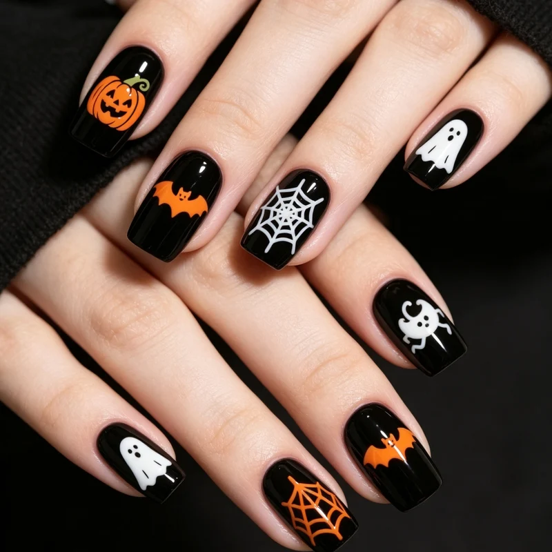 Creative Halloween-Themed Acrylic Nail Art Enhancements Stornfield