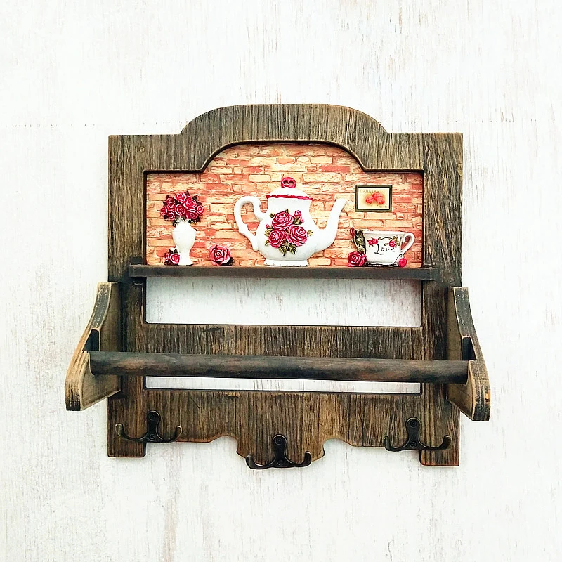 Rustic Wooden Wall Shelf with Hooks