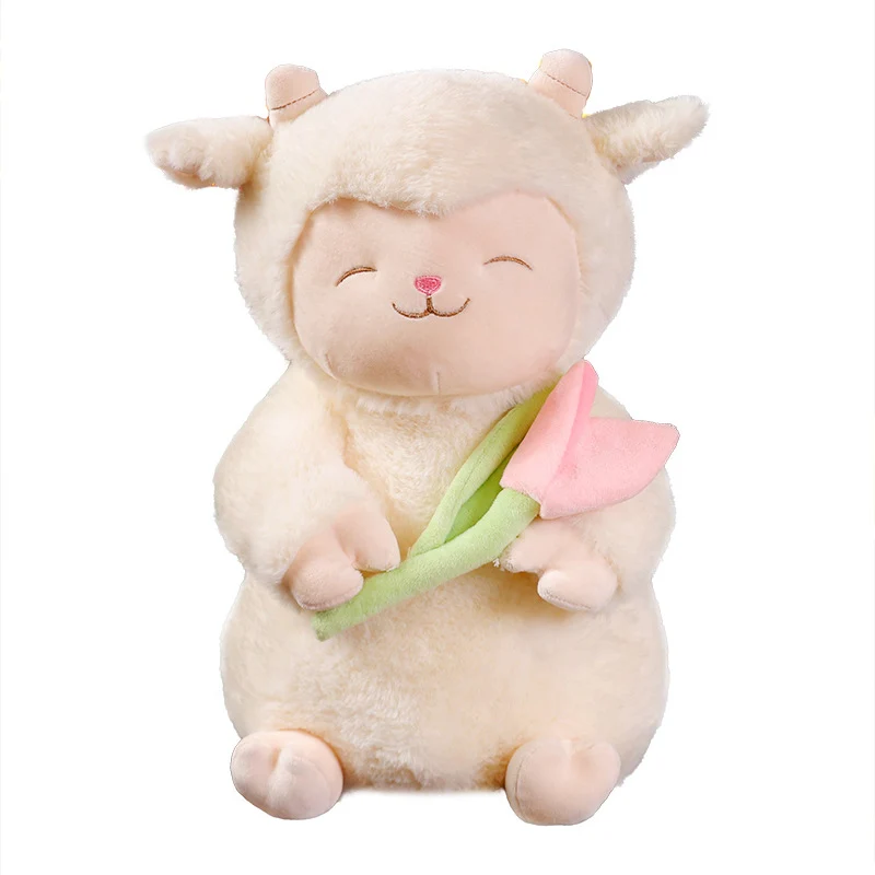 Sitzendes Lamm Plüsch Kuschelpuppe mit gewichtetem umarmbarem Kern und abnehmbarem Tulpenzubehör Karnz