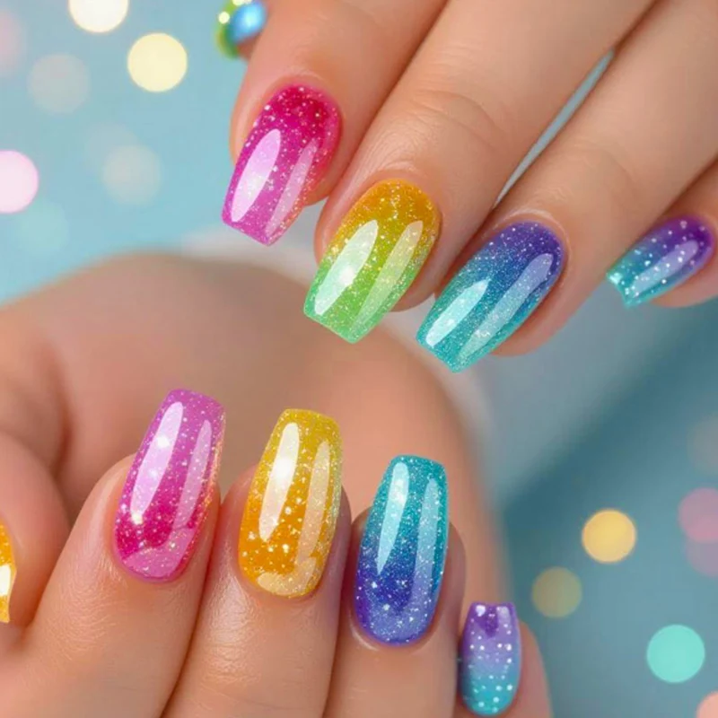Vibrant Glitter Gradient Acryl Nagelkunst Verlängerungen Karnz