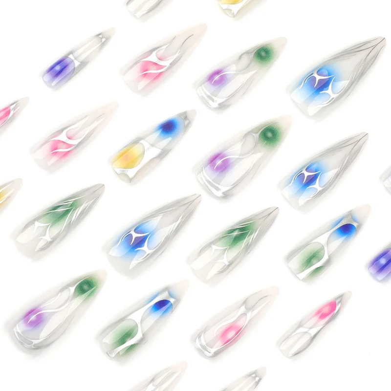 Artful stiletto nails with transparent design and colorful accents Stornfield