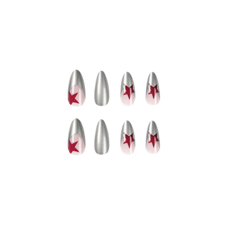 Artful stiletto nails with silver and star motifs Stornfield