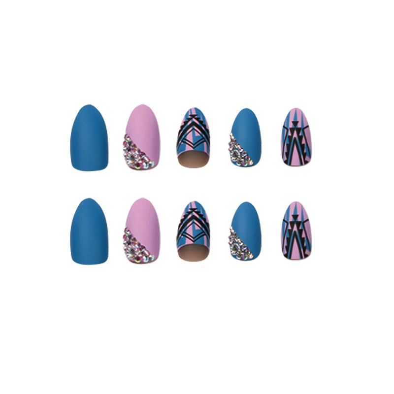 Artful stiletto nails with modern geometric designs and rhinestone embellishments Stornfield