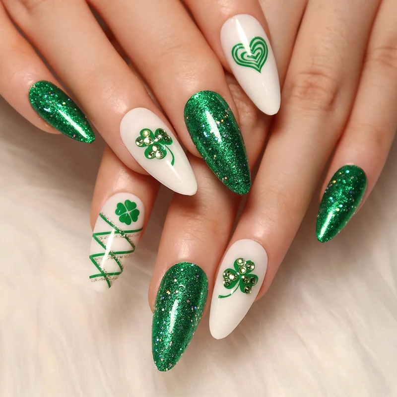 Artistic Stiletto Nails with Glitter and Clover Leaf Designs Stornfield