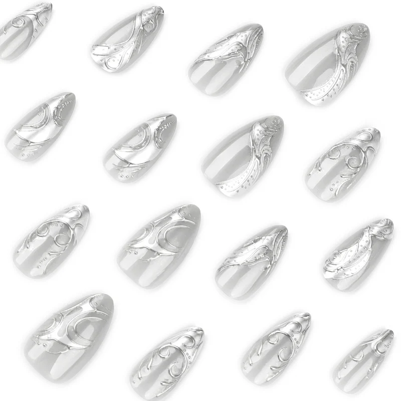Artistic stiletto nails with elegant silver design Stornfield