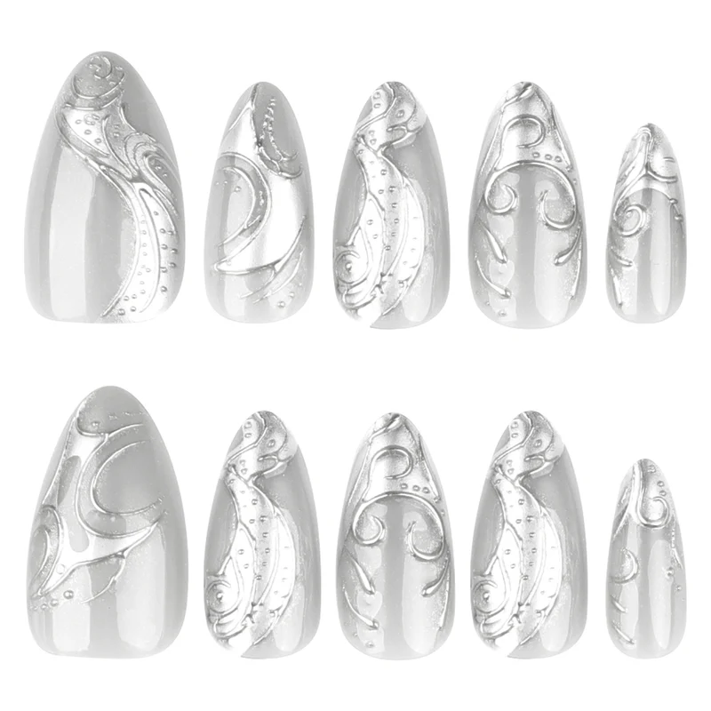 Artistic stiletto nails with elegant silver design Stornfield