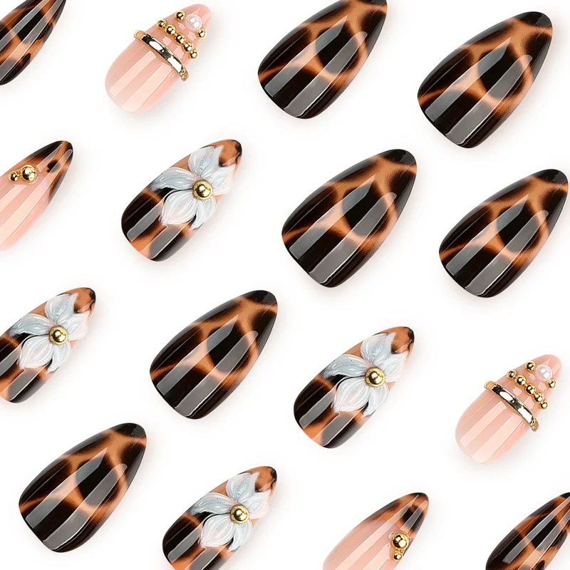 Artful stiletto nails with flower and leopard design Stornfield