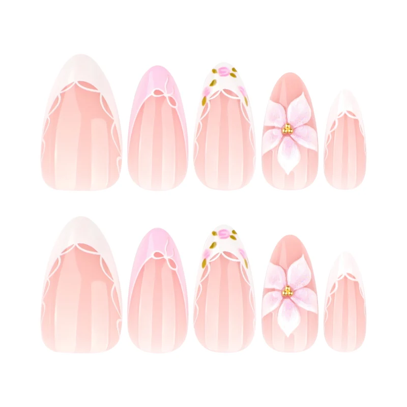 Artful nail extensions with delicate floral pattern and elegant accents Stornfield