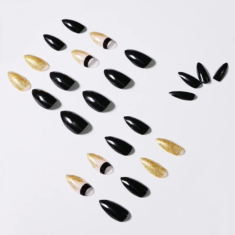 Artistic Nail Extensions with Black Gloss and Elegant Accents Stornfield