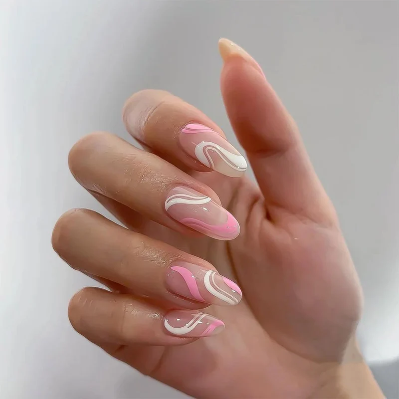 Artistic Nail Extensions with Modern Wave Pattern Stornfield