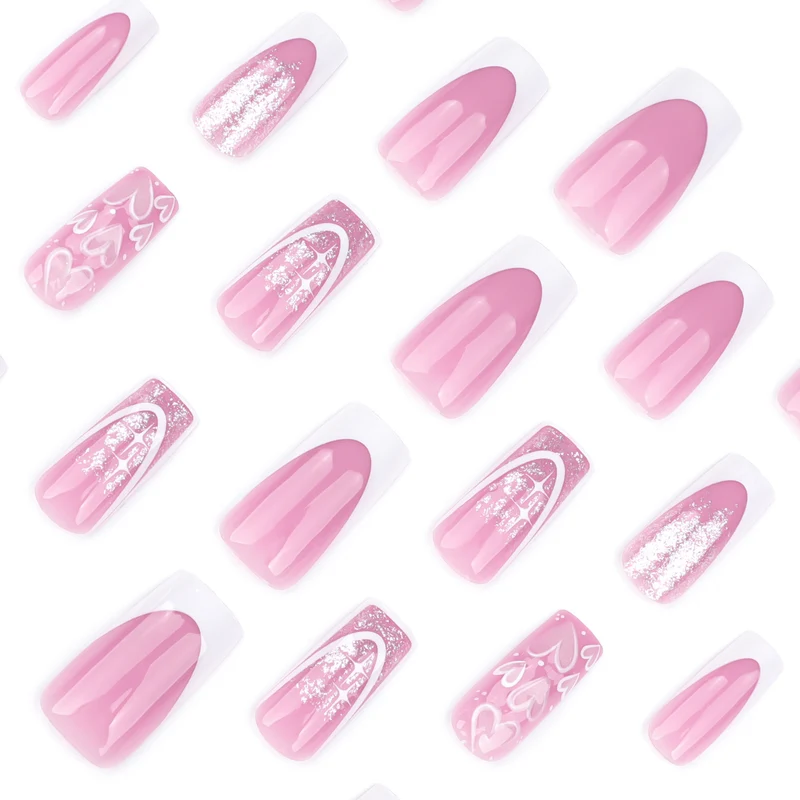 Artful Nail Extensions with Modern Glitter Design and Heart Accents Stornfield