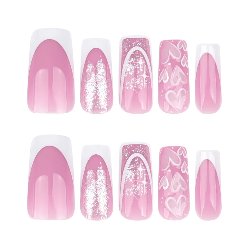 Artful Nail Extensions with Modern Glitter Design and Heart Accents Stornfield