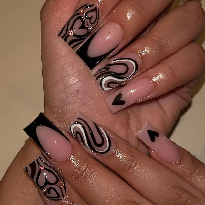 Artful Nail Extensions with Creative Heart and Wave Pattern Stornfield