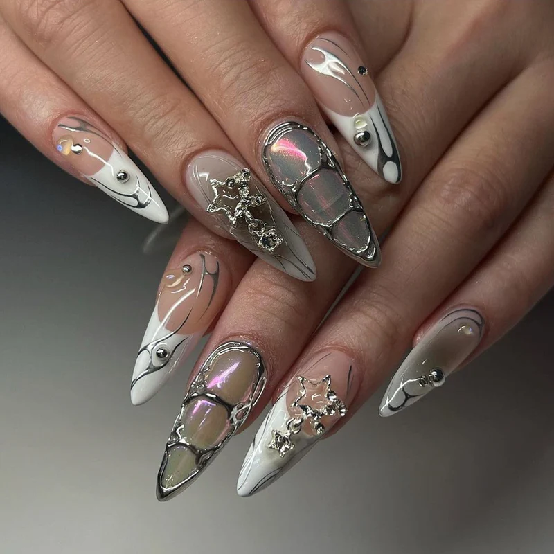 Artful Nail Extensions with Glitter and Pearl Decorations Stornfield